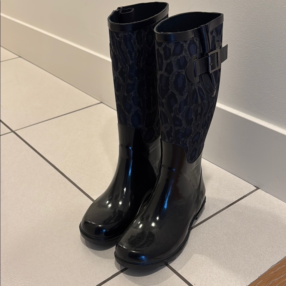 BCBGMaxAzria Black Winter Rain Boots Knee-High black so to animal print